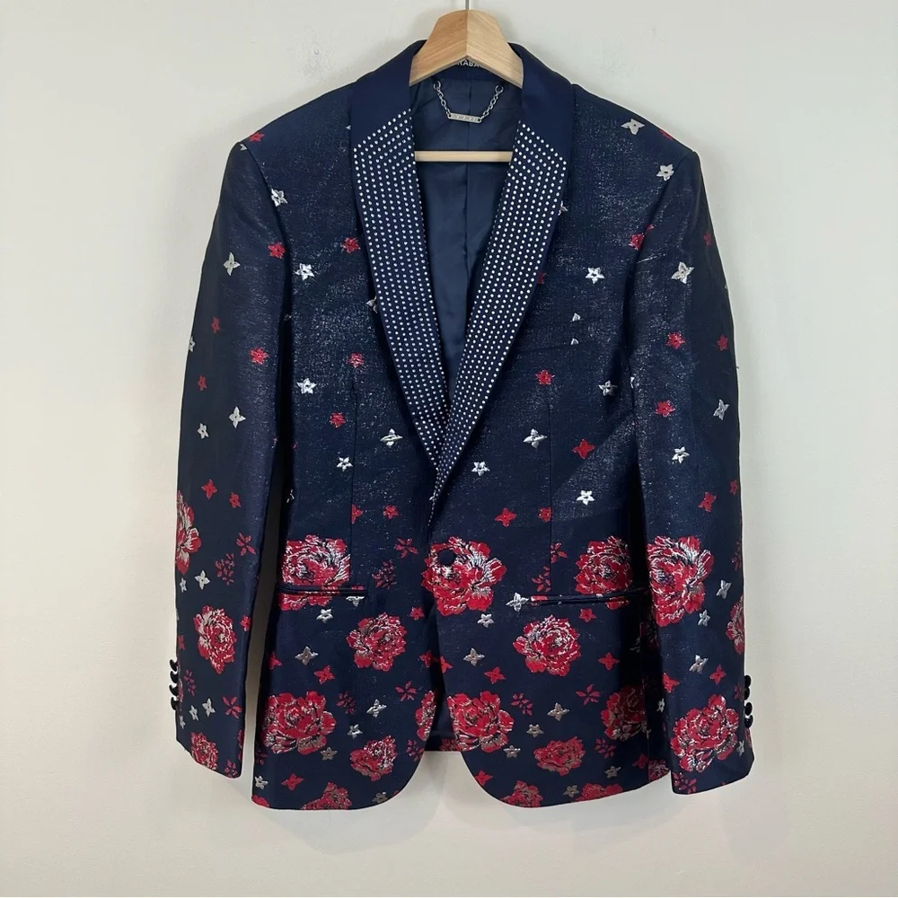 Barabas Floral Patterned Temptation Blazer Bedazzled Collar Size 40R Slim Fit